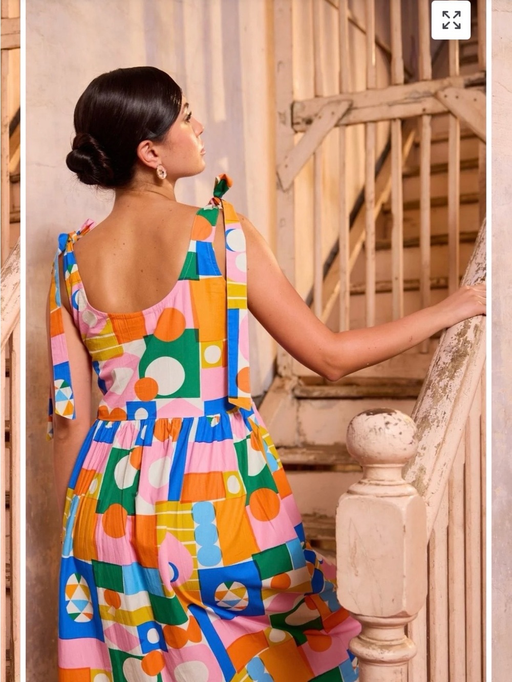 Geometric Tie-Shoulder Midi Dress in Pink, Blue, Green, Yellow, Orange - Picture 2 of 11